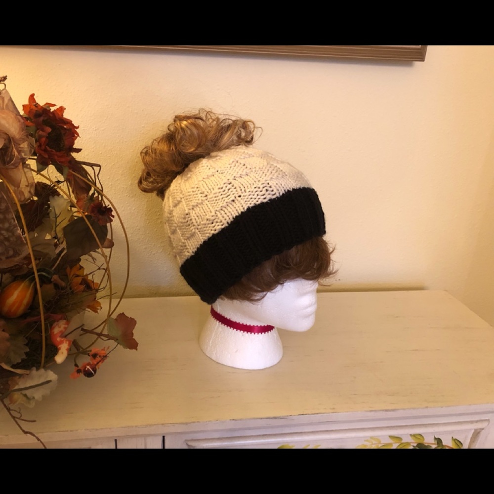 HAND MADE Knitted Messy Bun Ponytail Beanie Hat